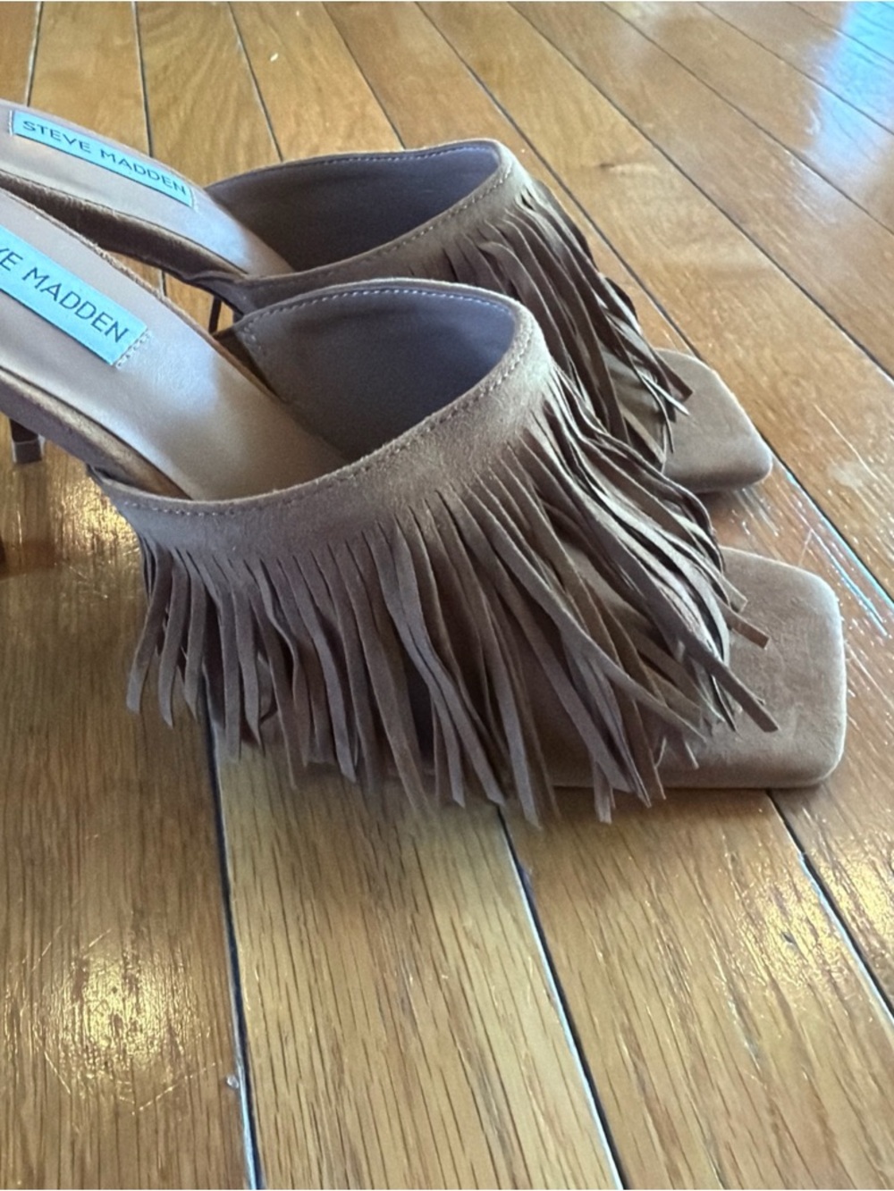 New Steve Madden Morina Slides Sandals Shoes Fringe Cognac Suede Square Toe Sz 8 - Picture 4 of 9